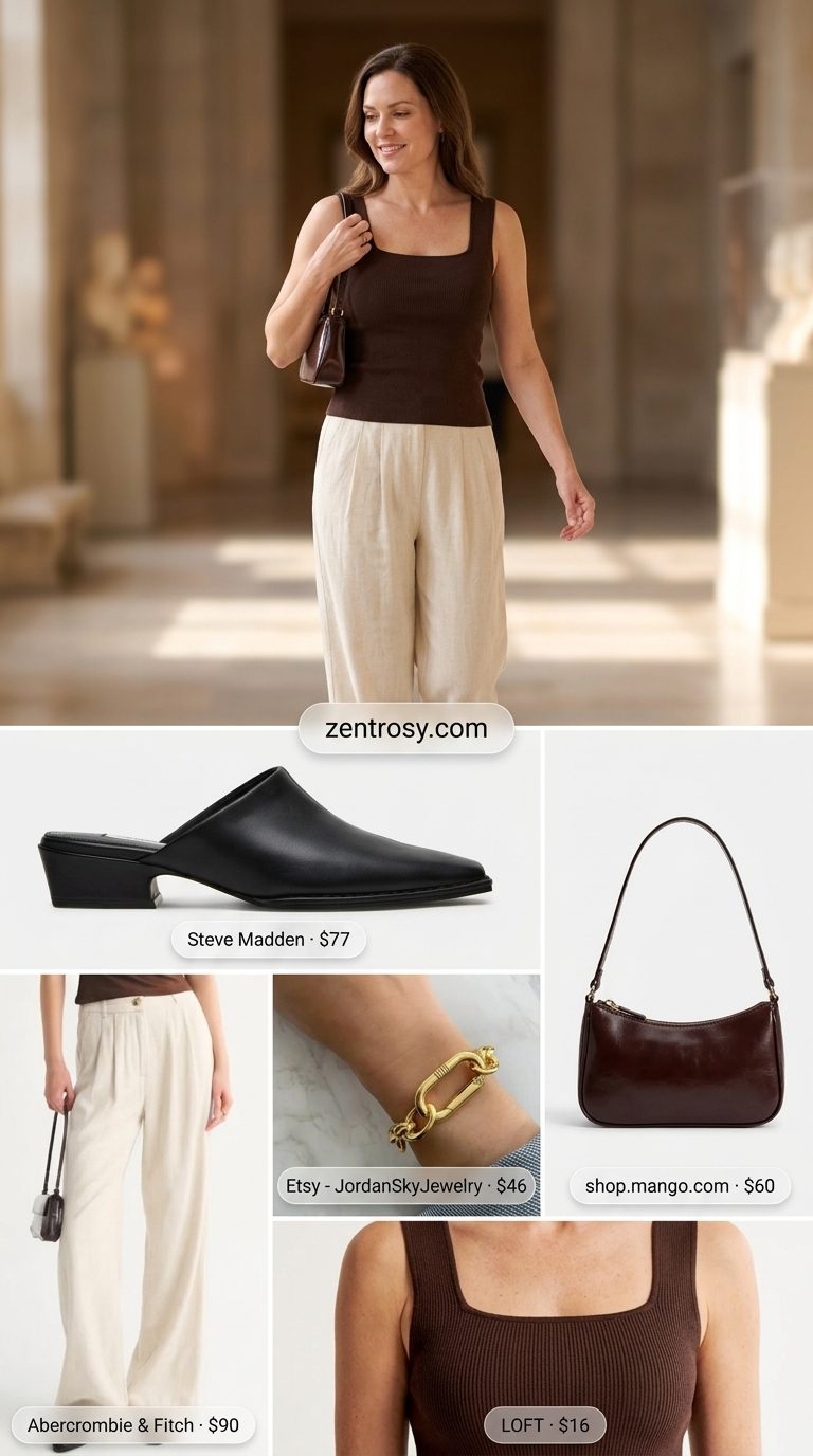 Cute and Comfy Summer Outfits for Women 2026 | Smart Casual Cute and comfy summer outfits for women 2026: Beige linen trousers, black knit tank, black mules, and structured bag for polished look.