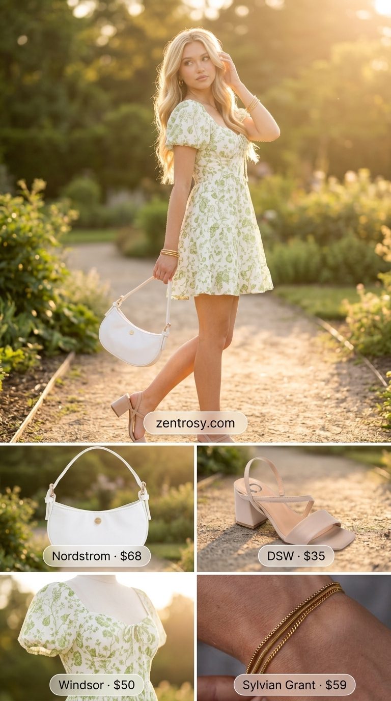 Cute and Comfy Summer Outfits for Women 2026 | Garden Party Cute and comfy summer outfits for women 2026: Green floral mini sundress with nude block heels and structured top-handle bag.