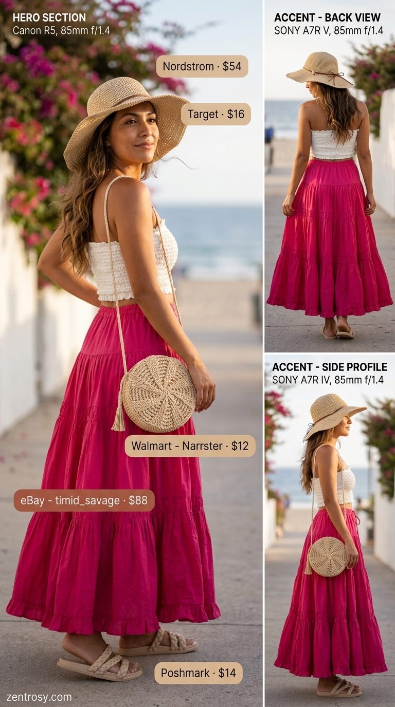 Cute and Comfy Summer Outfits for Women 2026 | Boho Vibes Cute and comfy summer outfits for women 2026: Fuchsia tiered maxi skirt, white smocked top, straw bag, and braided slides.