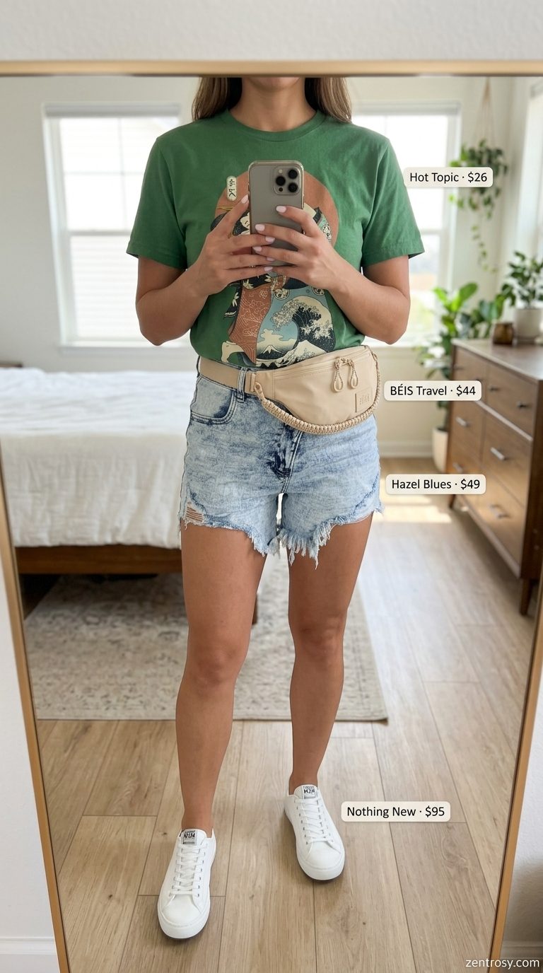 Cute and Comfy Summer Outfits for Women 2026 | Park Picnic Cute and comfy summer outfits for women 2026: Green graphic tee, denim shorts, nylon belt bag, and colorful resin rings.