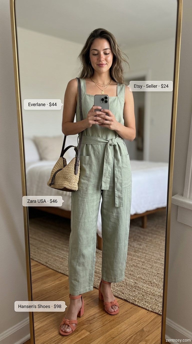 Cute and Comfy Summer Outfits for Women 2026 | Jumpsuit Style Cute and comfy summer outfits for women 2026: Khaki linen utility jumpsuit with terracotta block heels and raffia bucket bag.