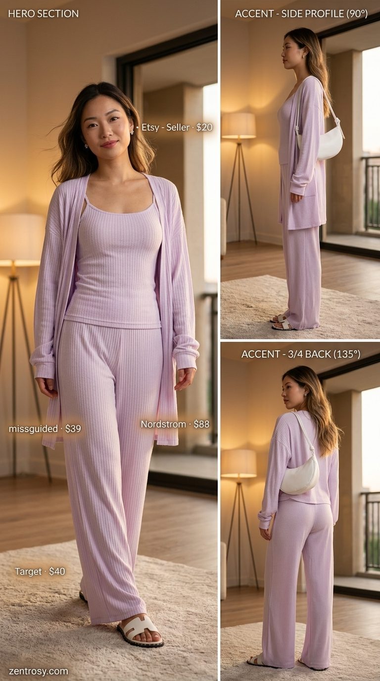 Cute and Comfy Summer Outfits for Women 2026 | Lounge Set Cute and comfy summer outfits for women 2026: Lavender knit set with white shoulder bag and padded slides for lounge style.