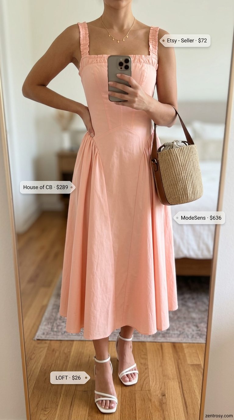 Cute and Comfy Summer Outfits for Women 2026 | Brunch Style Cute and comfy summer outfits for women 2026: Peach smocked sundress with espadrille wedges and woven straw bag.