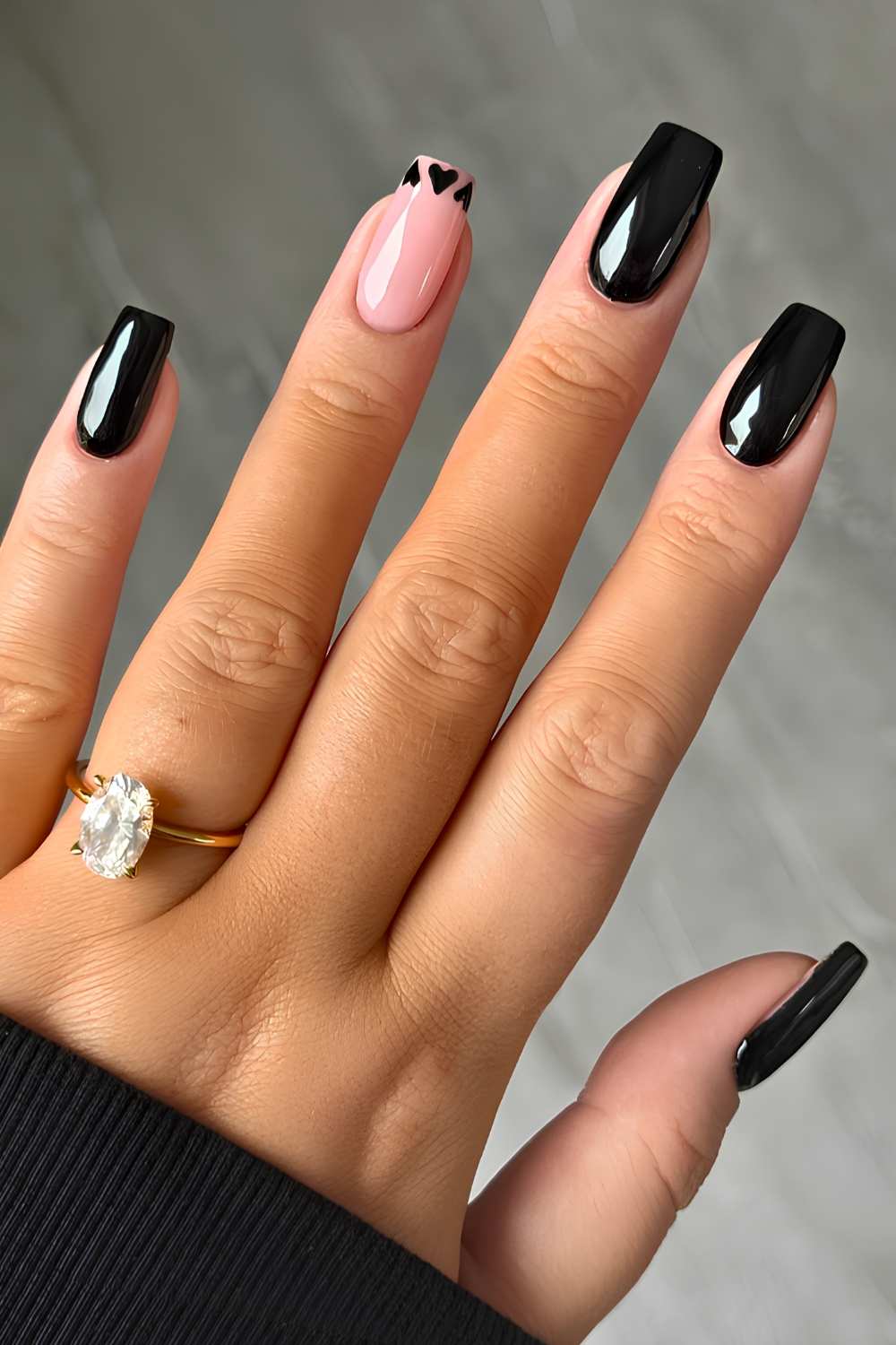 Medium Square Glossy Black with Pink Heart Accent Medium Square Glossy Black with Pink Heart Accent — Cute Black Nails