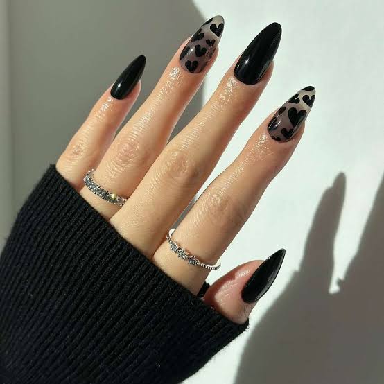 Long Stiletto Opaque Black with Sheer Black Hearts Long Stiletto Opaque Black with Sheer Black Hearts — Cute Black Nails