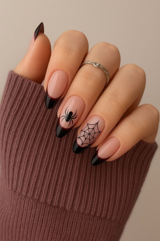 Medium Almond Black French Tips with Spider Web Art Medium Almond Black French Tips with Spider Web Art — Cute Black Nails