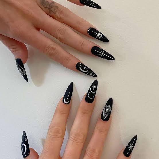 Long Stiletto Matte Black with White Celestial Motifs Long Stiletto Matte Black with White Celestial Motifs — Cute Black Nails
