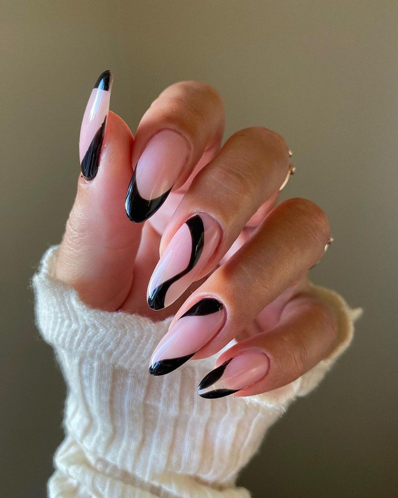 Long Almond Sheer Pink with Abstract Black French Tips Long Almond Sheer Pink with Abstract Black French Tips — Cute Black Nails