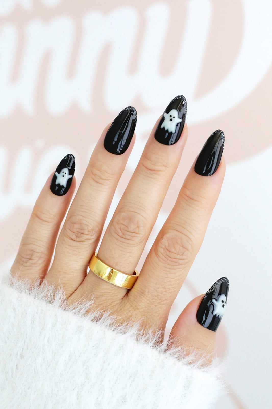 Long Almond Glossy Black Nails with White Ghost Art Long Almond Glossy Black Nails with White Ghost Art — Cute Black Nails