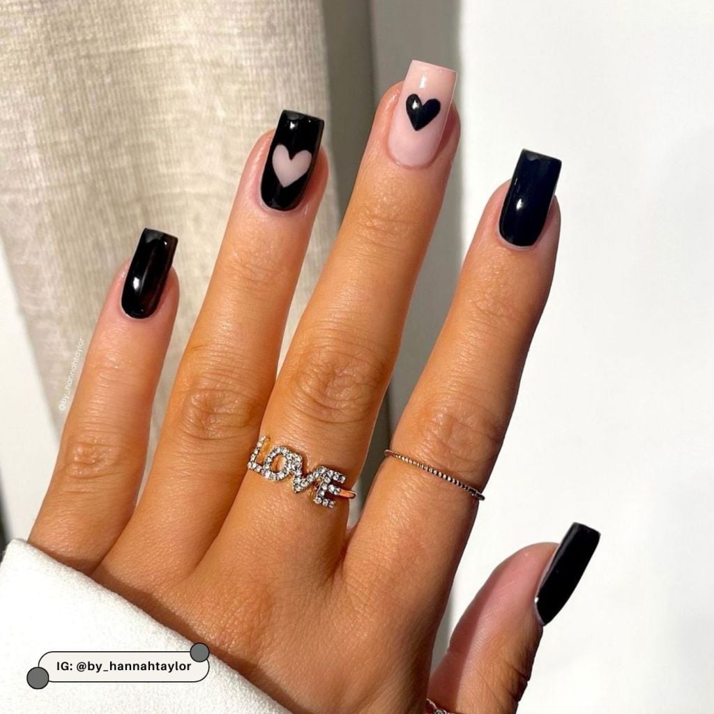Short Square Solid Black with Sheer Pink Heart Accent Short Square Solid Black with Sheer Pink Heart Accent — Cute Black Nails