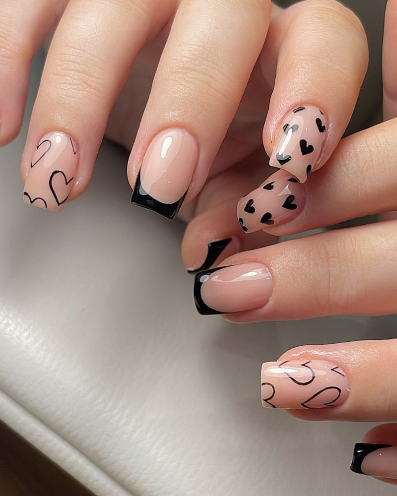Short Square Black French Tips and Heart Motifs Short Square Black French Tips and Heart Motifs — Cute Black Nails