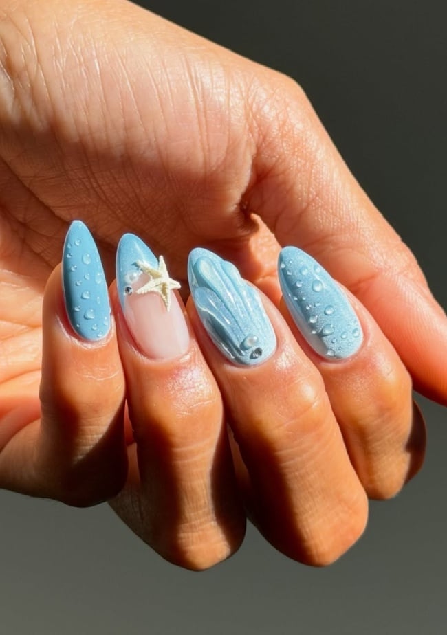 Light Blue Matte Water Droplet Starfish Seashell Medium Almond Nails Light Blue Matte Water Droplet Starfish Seashell Medium Almond Nails — Cute Blue Nails