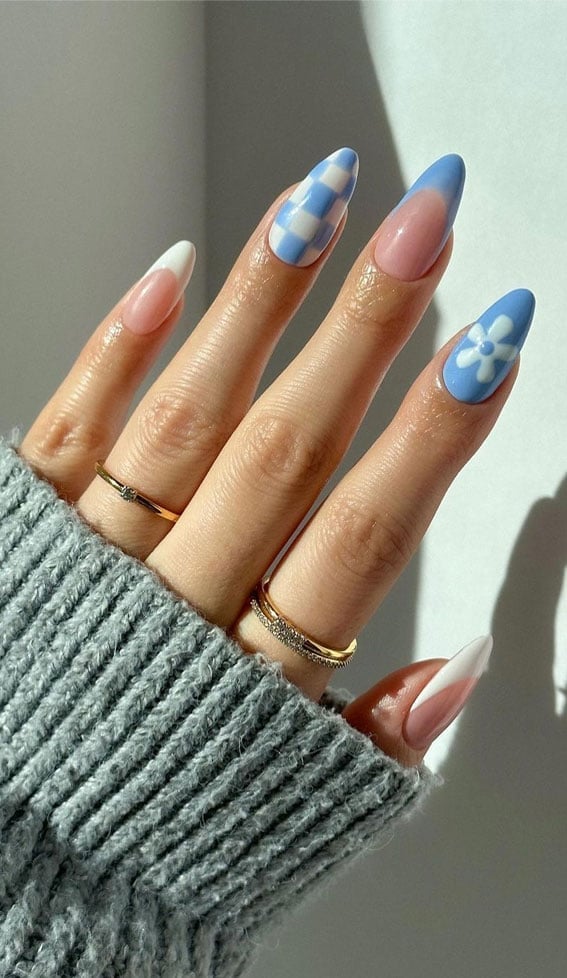 Sheer Nude Blue Gradient French Tip Flower Medium Almond Nails Sheer Nude Blue Gradient French Tip Flower Medium Almond Nails — Cute Blue Nails
