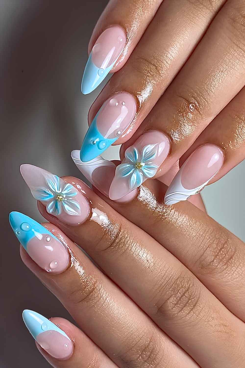 Sheer Pink Light Blue French Tip 3D Flower Long Stiletto Nails Sheer Pink Light Blue French Tip 3D Flower Long Stiletto Nails — Cute Blue Nails