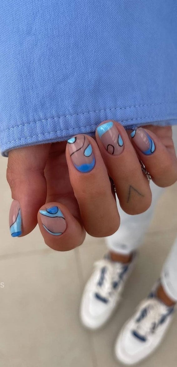 Light Blue Nude Leaf Silver Stripe Short Square Nails Light Blue Nude Leaf Silver Stripe Short Square Nails — Cute Blue Nails