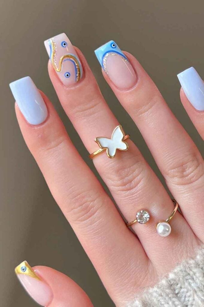 Sheer Pink Light Blue French Tip Starfish Short Almond Nails Sheer Pink Light Blue French Tip Starfish Short Almond Nails — Cute Blue Nails