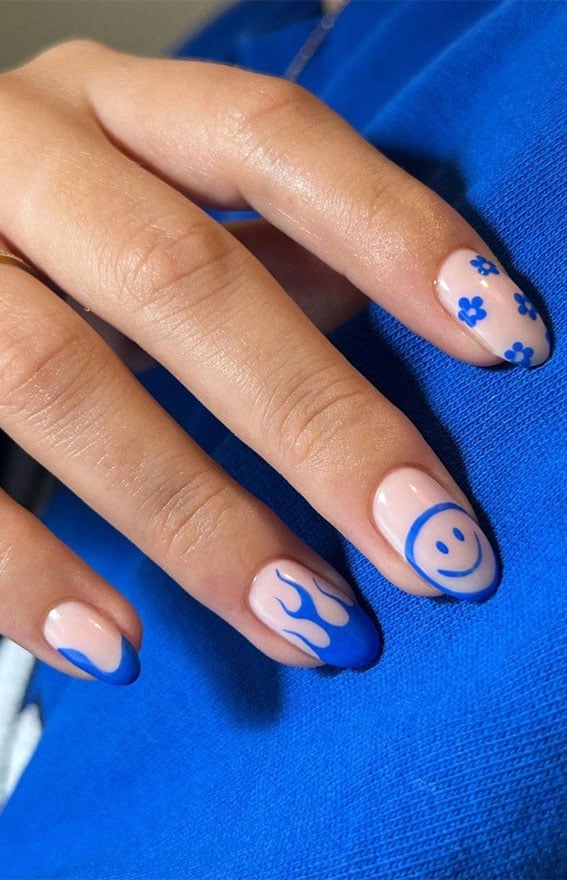 Sheer Pink Bright Blue Flame Flower Smiley Short Almond Nails Sheer Pink Bright Blue Flame Flower Smiley Short Almond Nails — Cute Blue Nails