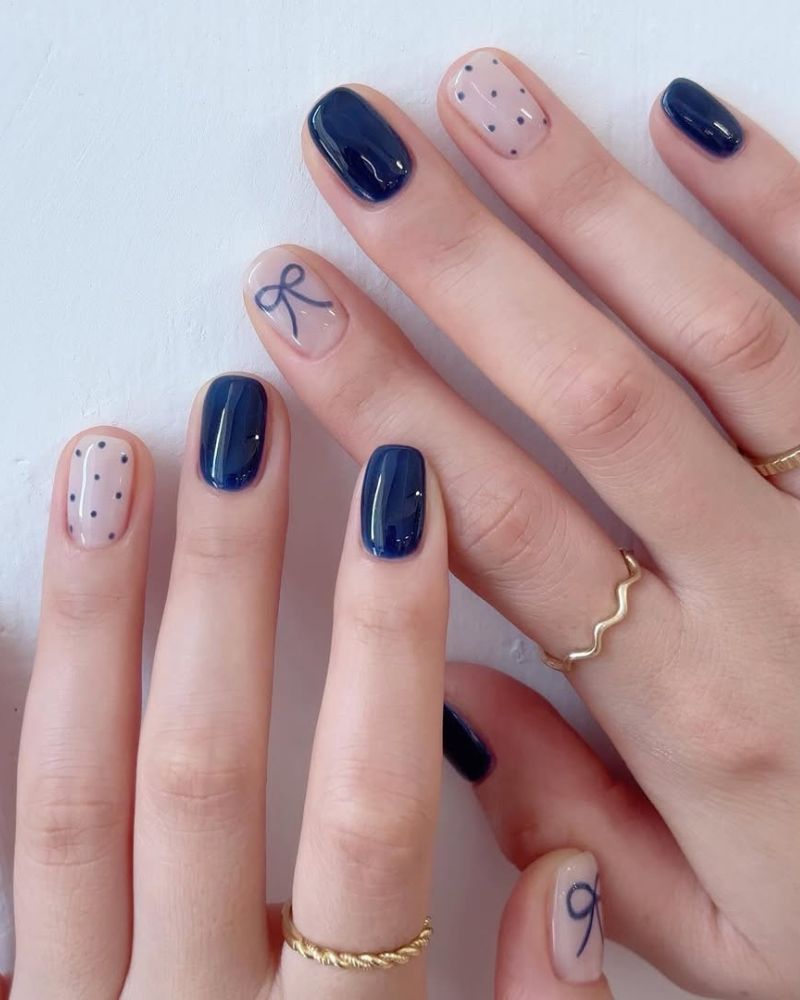 Dark Navy Nude Polka Dot Bow Short Almond Nails Dark Navy Nude Polka Dot Bow Short Almond Nails — Cute Blue Nails