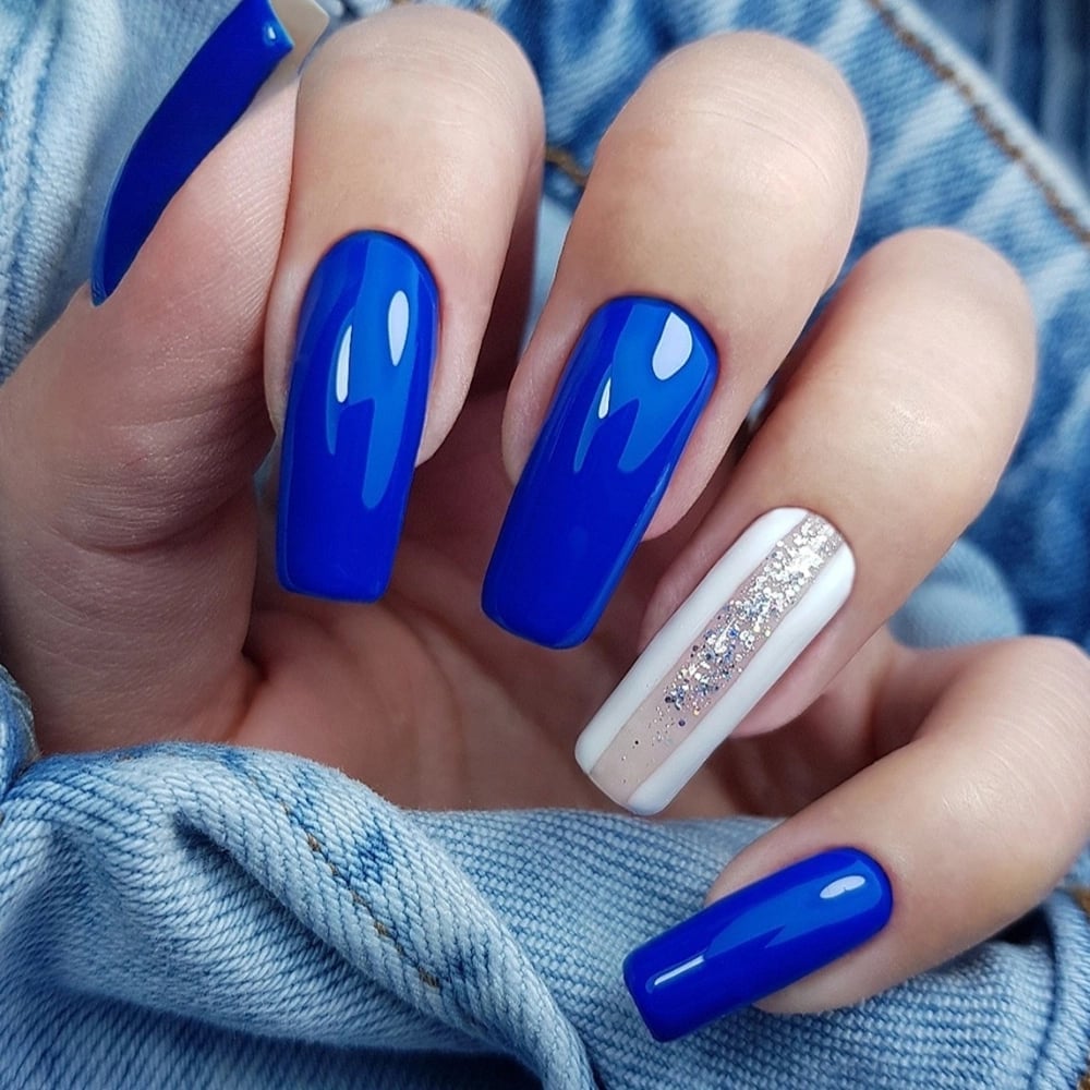 Vibrant Royal Blue with Glitter Stripe Long Square Nails Vibrant Royal Blue with Glitter Stripe Long Square Nails — Cute Blue Nails