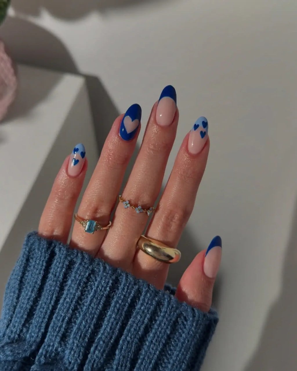 Nude Base Blue Heart French Tip Medium Almond Nails Nude Base Blue Heart French Tip Medium Almond Nails — Cute Blue Nails