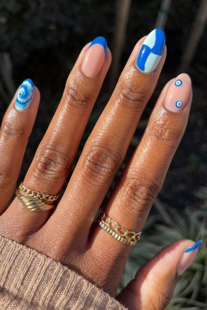 Blue Tie-Dye Abstract Evil Eye French Tip Medium Almond Nails Blue Tie-Dye Abstract Evil Eye French Tip Medium Almond Nails — Cute Blue Nails