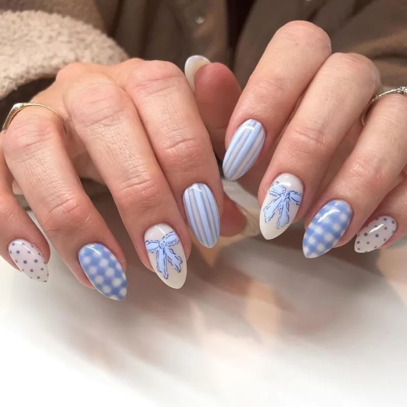 White Base Light Blue Stripes Gingham Polka Dot Bow Medium Almond White Base Light Blue Stripes Gingham Polka Dot Bow Medium Almond — Cute Blue Nails