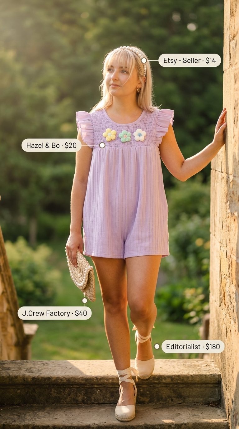 Cute Coquette Summer Outfits 2026: Lavender Floral Romper Cute coquette summer outfits for women 2026: Lavender floral romper for a garden party.