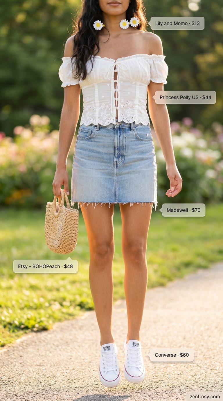 Cute Coquette Summer Outfits 2026: Daisy Chain Daydream Cute coquette summer outfits for women 2026: Denim mini skirt, off-shoulder crop top, daisy clips for a sweet look.