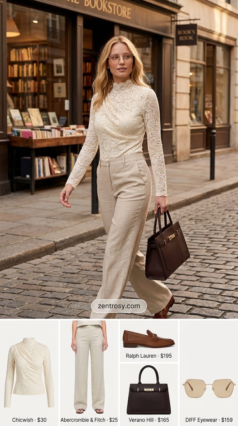 Cute Coquette Summer Outfits 2026: Bookstore Chic Cute coquette summer outfit: Cream lace top, beige linen trousers, brown loafers for a bookstore visit.