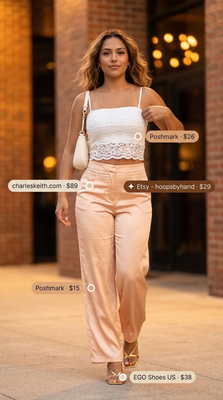 Cute Coquette Summer Outfits 2026: Evening Elegance Cute coquette summer outfit: Peach wide-leg pants, ivory lace top, gold heels for an evening stroll.