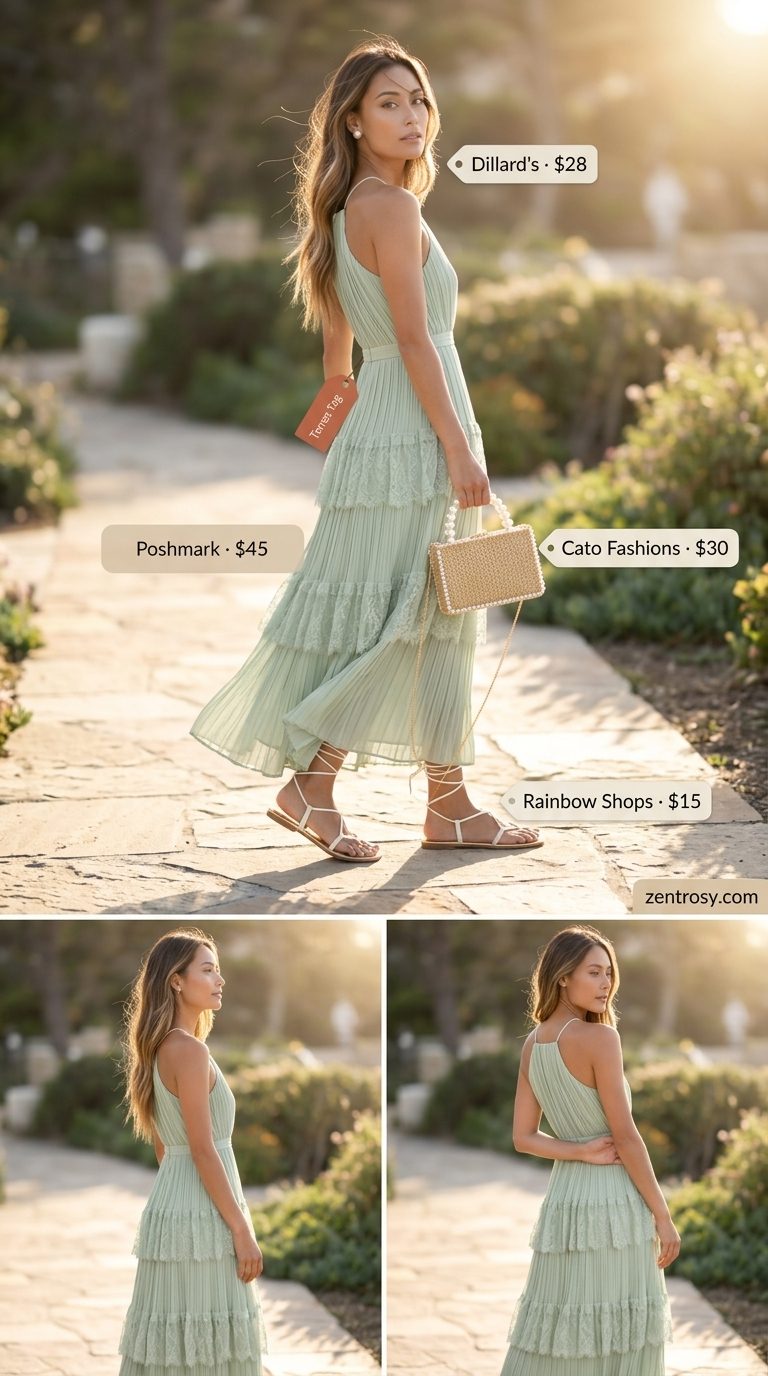 Cute Coquette Summer Outfits 2026: Seaside Serenity Maxi Cute coquette summer outfits for women 2026: Mint green maxi dress, white sandals, woven bag for a serene look.