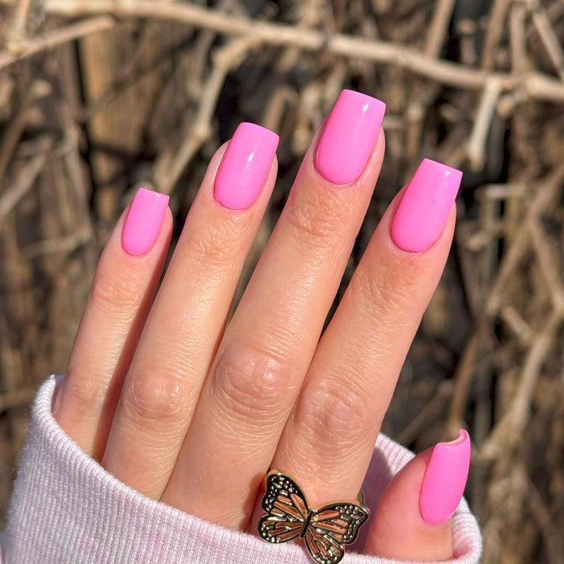 Short Square Hot Pink Glossy Nails — Cute Dip Powder Nails