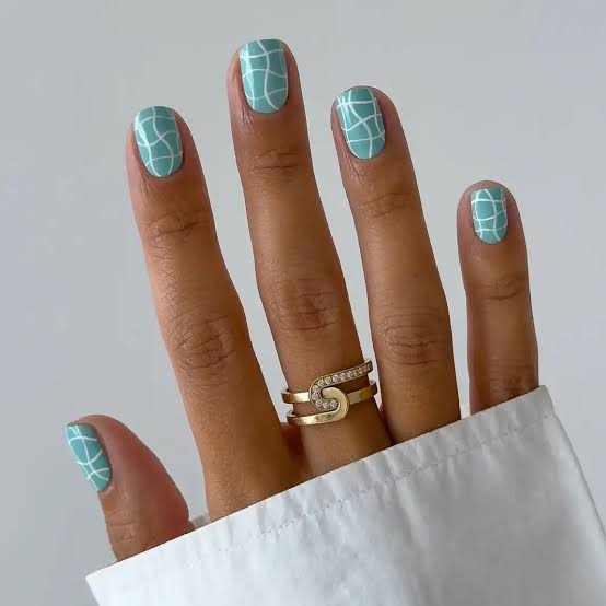 Short Square Light Teal White Grid Nails — Cute Dip Powder Nails