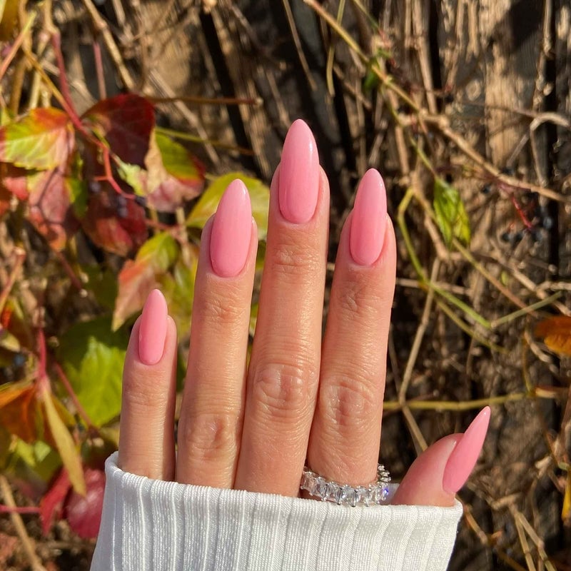 Long Almond Bright Pink Glossy Nails — Cute Dip Powder Nails