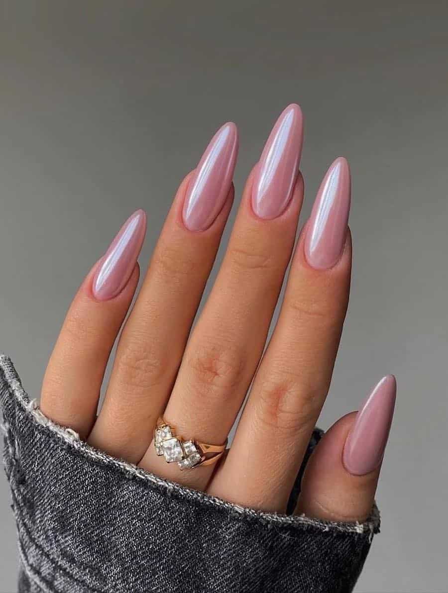 Long Stiletto Pearlescent Pink Iridescent Nails — Cute Dip Powder Nails