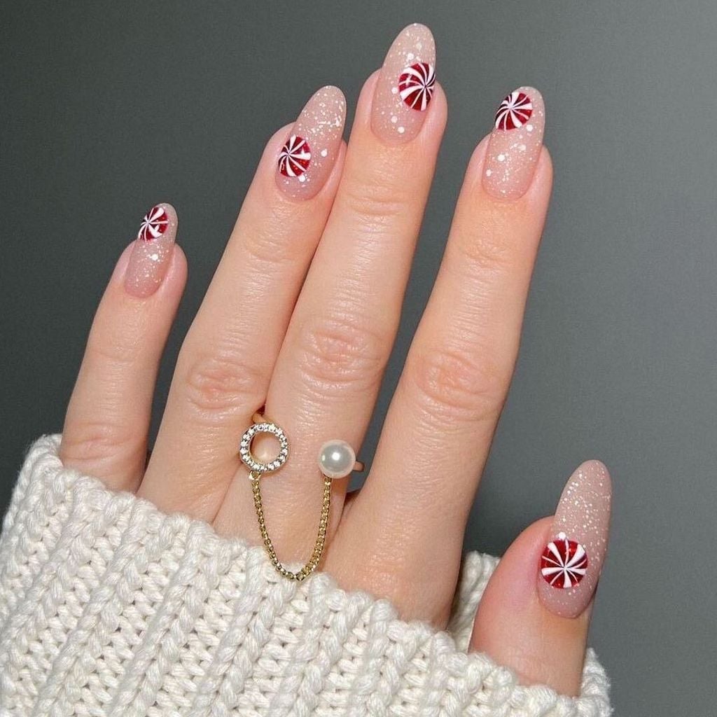 Long Almond Sheer Nude Peppermint Candy Nails — Cute Dip Powder Nails