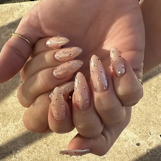 Medium Almond Sheer Nude Pink Rhinestone Nails — Cute Dip Powder Nails