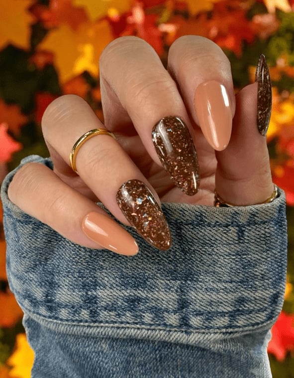 Short Almond Creamy Brown Glossy Nails — Cute Dip Powder Nails