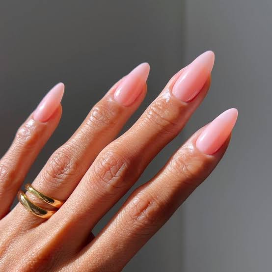Short Almond Milky Pink Sheer Glossy Nails — Cute Dip Powder Nails