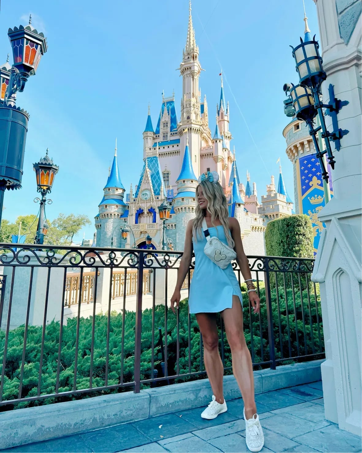Light Blue Dress With Side Slit And Fanny Pack — Cute Disney Outfit Inspo