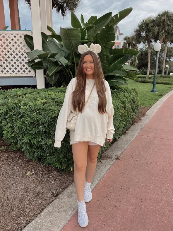 Oversized Sweatshirt With White Shorts And Mickey Ears — Cute Disney Outfit Inspo