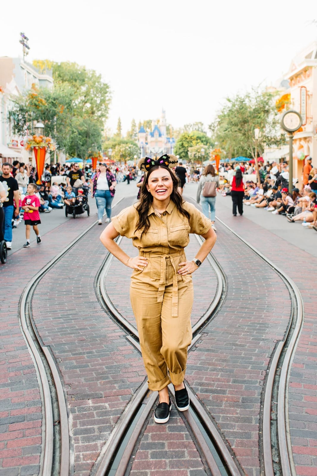 Tan Belted Jumpsuit With Mouse Ear Headband — Cute Disney Outfit Inspo