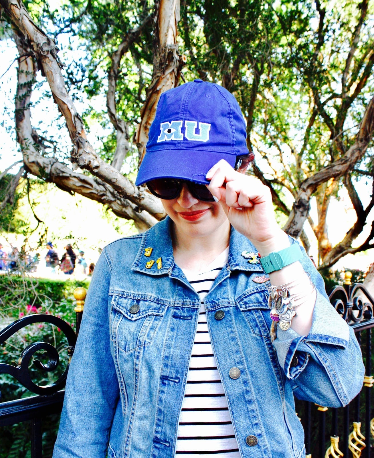 Denim Jacket With Striped Tee And Baseball Cap — Cute Disney Outfit Inspo