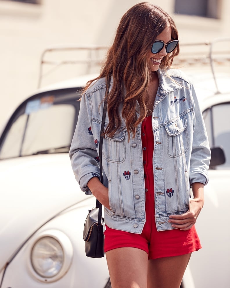 Embroidered Denim Jacket Over Romper — Cute Disney Outfit Inspo