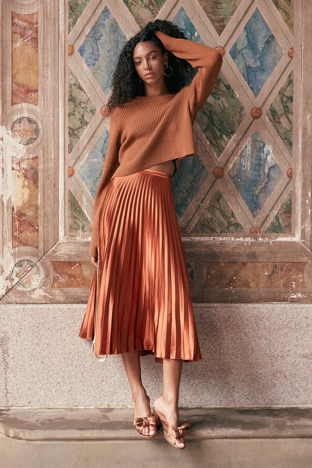 Pleated Satin Midi Skirt With Knit Sweater Pleated Satin Midi Skirt With Knit Sweater — Cute Elegant Outfits