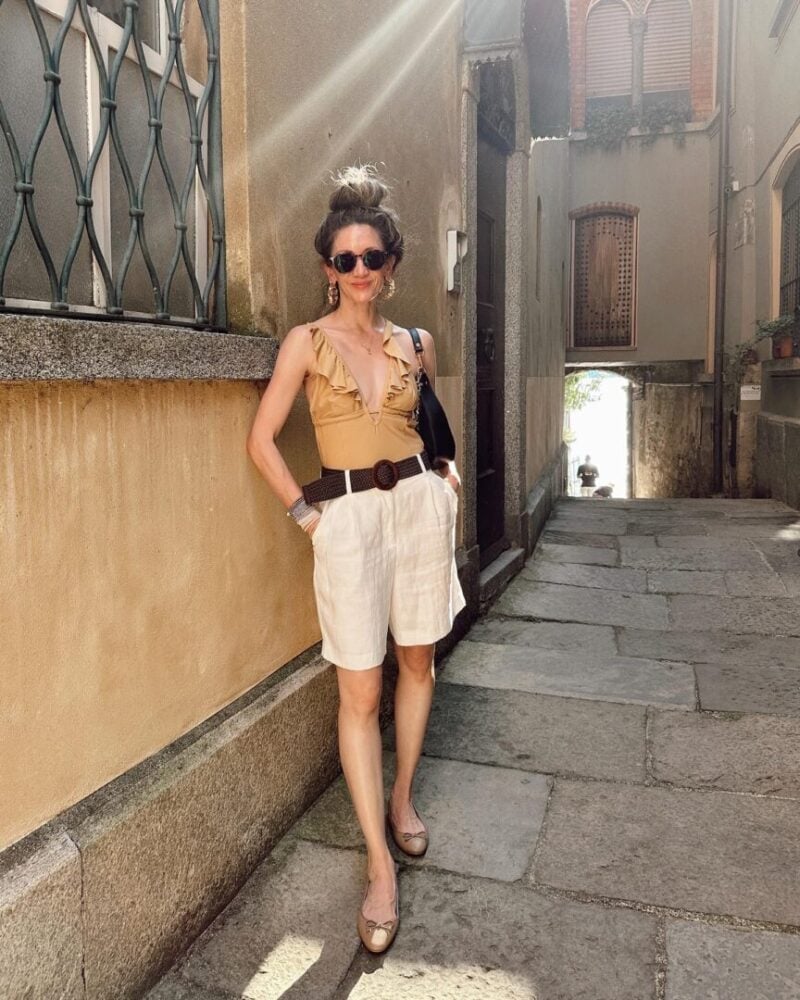 Ruffled Swimsuit Top With Linen Shorts Ruffled Swimsuit Top With Linen Shorts — Cute Elegant Outfits