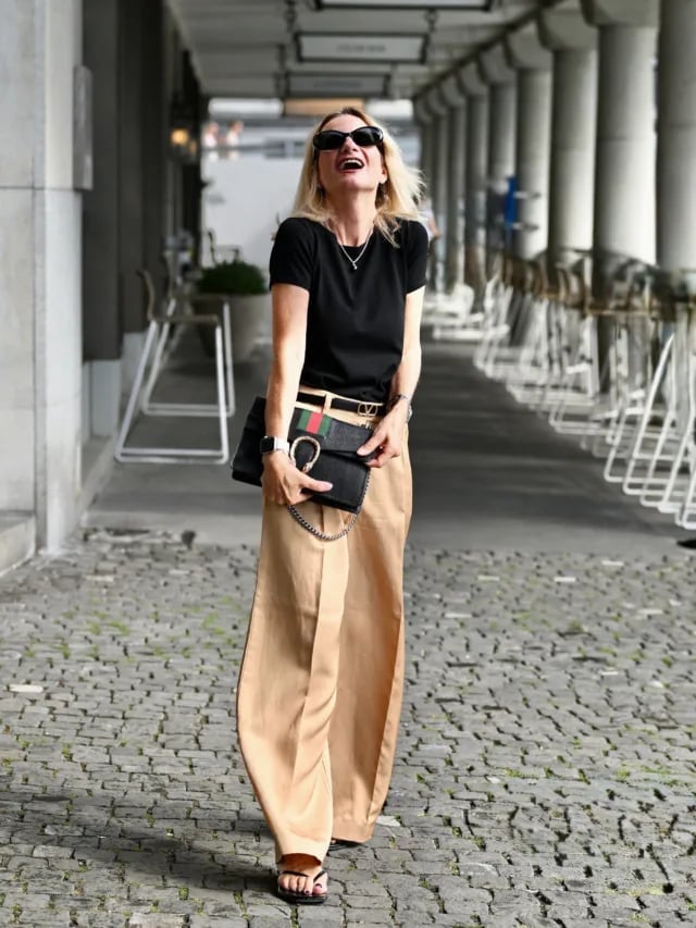 Silk Trousers With Black T-shirt Silk Trousers With Black T-shirt — Cute Elegant Outfits