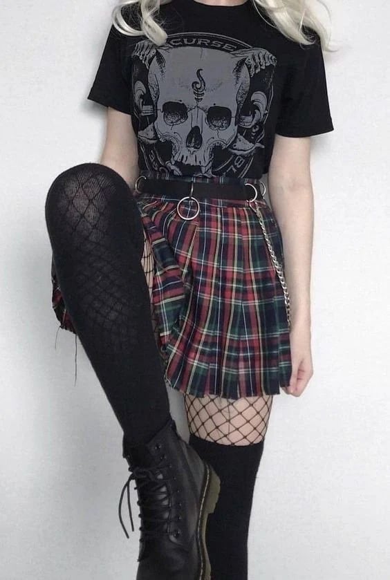Graphic Tee Plaid Mini Skirt Combination Graphic Tee Plaid Mini Skirt Combination — Cute Emo Outfits