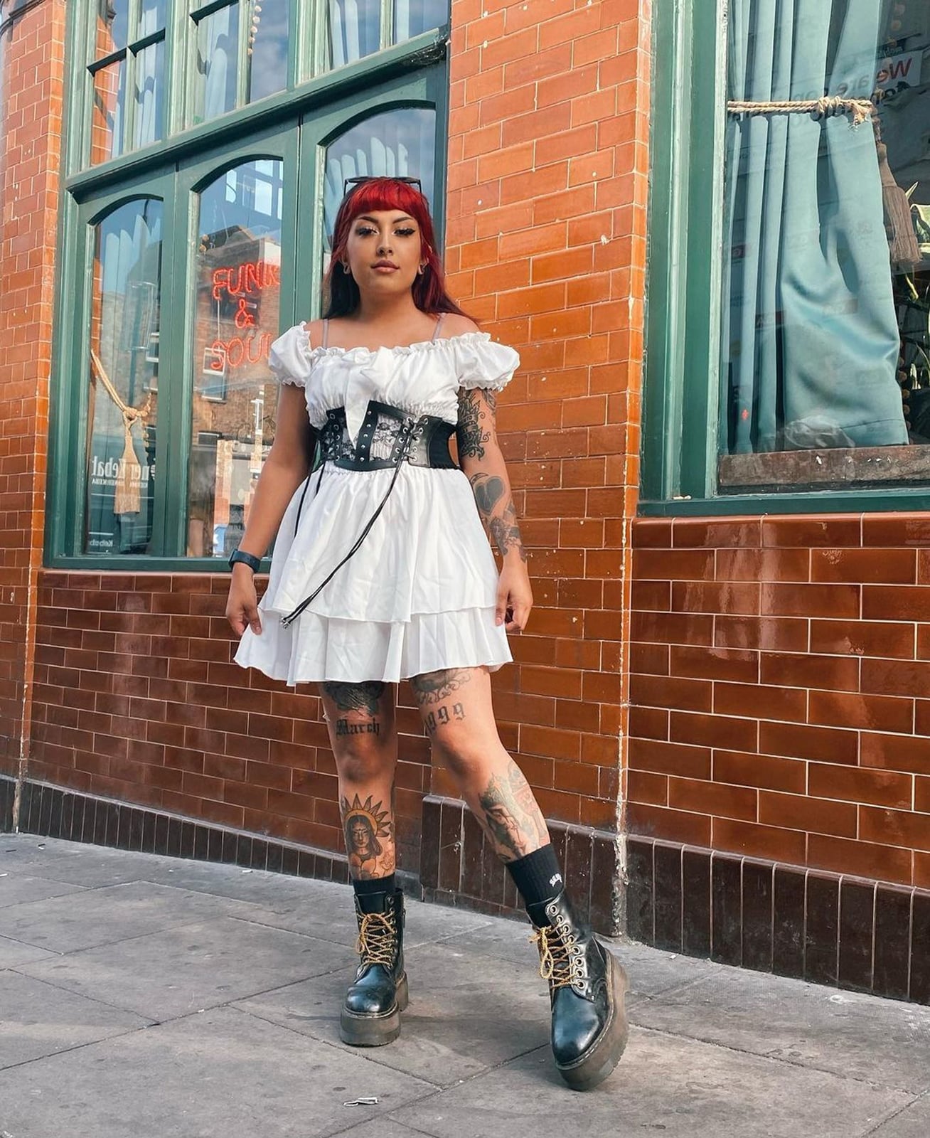 White Tiered Mini Dress with Corset Belt and Chunky Platform Boots White Tiered Mini Dress with Corset Belt and Chunky Platform Boots — Cute Emo Outfits