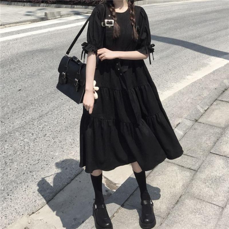 Black Ruffled Midi Dress with Buckles, Close-Up Take Black Ruffled Midi Dress with Buckles, Close-Up Take — Cute Emo Outfits